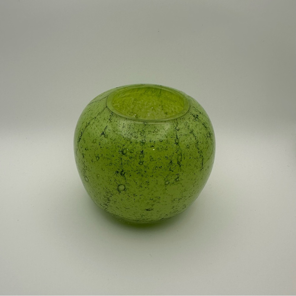 Mid-Century Bohemian Black Flecked Green Round Vase  Hand Blown Glossy Art Glass